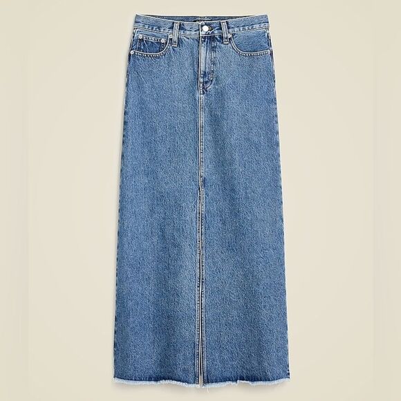 J Crew Denim Maxi Skirt Raw Edge Fall 2024 Front Slit Size 32 Western - Picture 1 of 10
